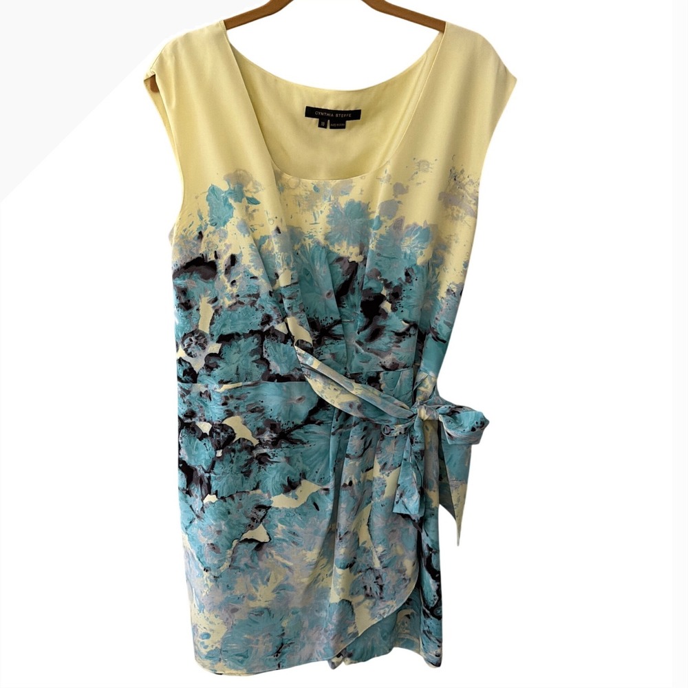 Cynthia Steffe Yellow Blue Floral 100% Silk Faux Wrap Dress Size 10 Sleeveless